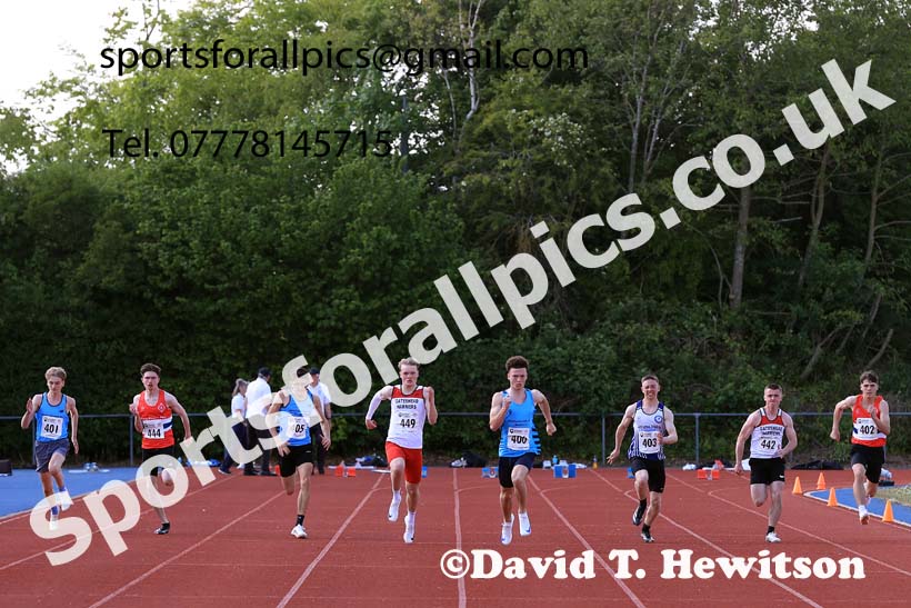 Mens under-17s 100 metres 2025 North Eastern Track and Field Champs., Shildon, County Durham. Photo: David T. Hewitson/Sports for All Pics